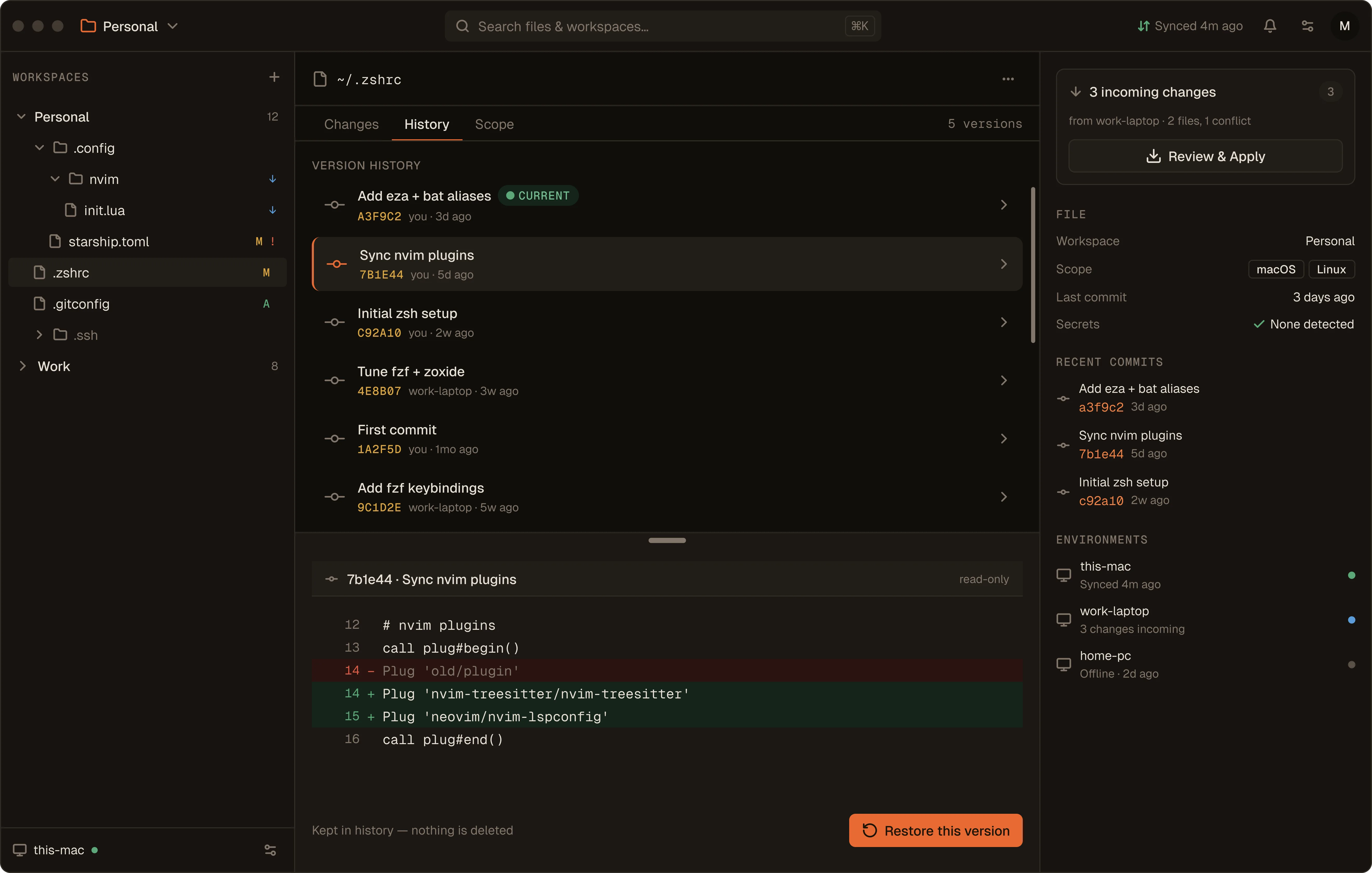 The dotden version history view for a zsh config, showing past commits and a diff of one selected version with a button to restore it.