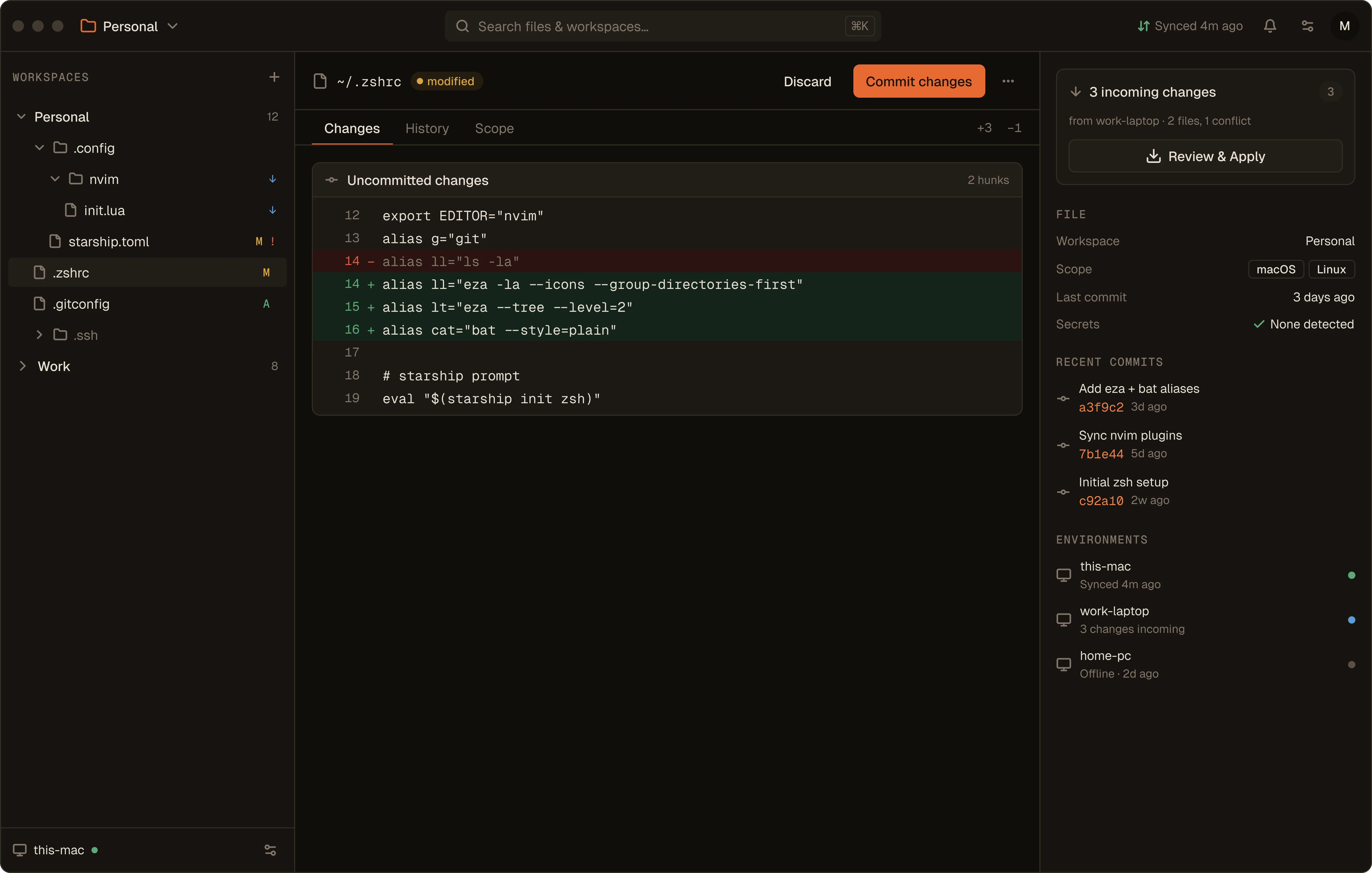 The dotden desktop app showing uncommitted changes to a zsh config, with a workspace sidebar, a diff view, and an inspector listing incoming changes.